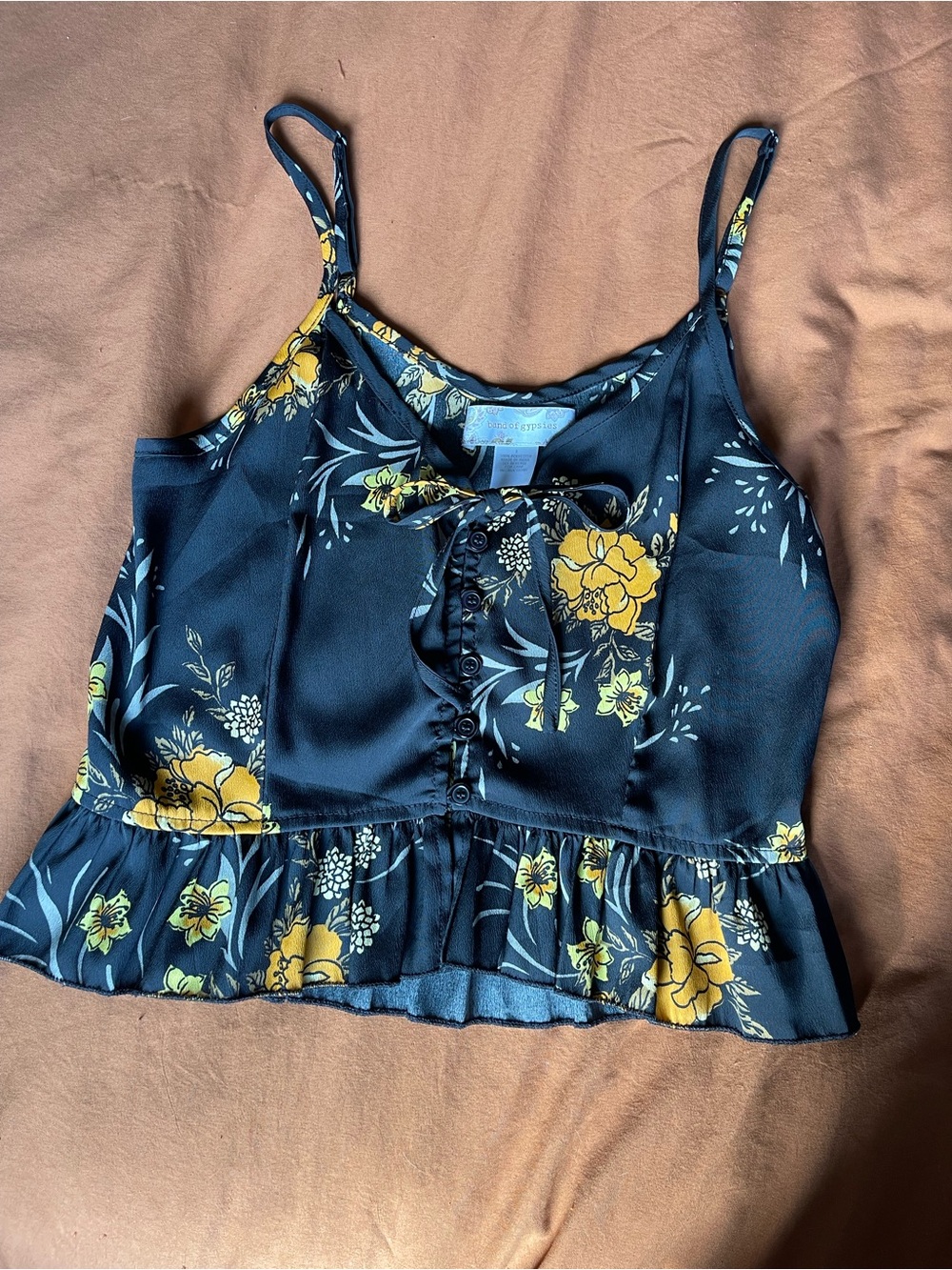 Floral Tie-Front Satin Crop Cami Top - Black & Yellow